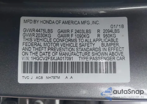 2018 Honda Accord Ex-L 2.0T из США, поврежденный, VIN 1HGCV2F5XJA017091